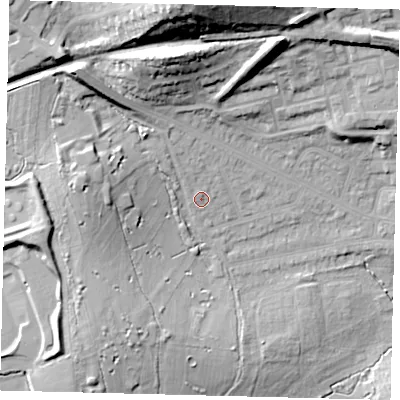 Shaded relief map of the ground around NW71DU, computed from Environment Agency LiDAR. The ground here sits at about 60 m above sea level and falls 34 m across the surrounding 800 m. Surface water reaching this point runs off ground lying to the west-north-west, 1.1 m higher.