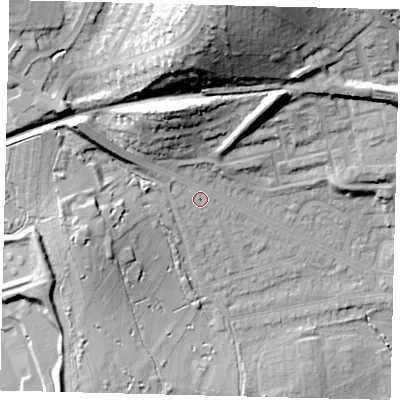 Shaded relief map of the ground around NW71DX, computed from Environment Agency LiDAR. The ground here sits at about 61 m above sea level and falls 40 m across the surrounding 800 m. Surface water reaching this point runs off ground lying to the north, 31.8 m higher.