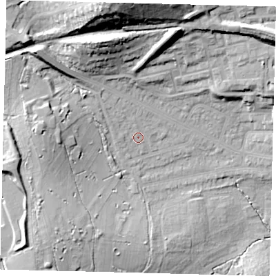 Shaded relief map of the ground around NW71DY, computed from Environment Agency LiDAR. The ground here sits at about 59 m above sea level and falls 35 m across the surrounding 800 m. Surface water reaching this point runs off ground lying to the north-west, 4.8 m higher.
