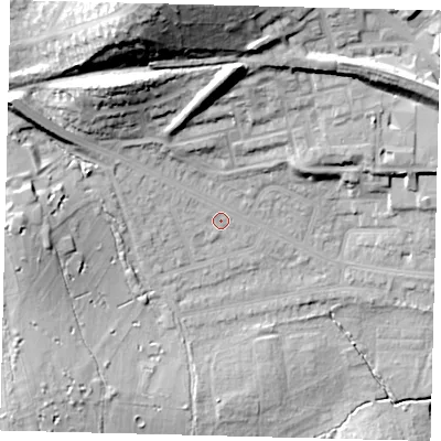 Shaded relief map of the ground around NW71EA, computed from Environment Agency LiDAR. The ground here sits at about 59 m above sea level and falls 39 m across the surrounding 800 m. Surface water reaching this point runs off ground lying to the north-north-west, 31.0 m higher.