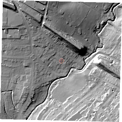 Shaded relief map of the ground around NW71JP, computed from Environment Agency LiDAR. The ground here sits at about 55 m above sea level and falls 28 m across the surrounding 800 m. Surface water reaching this point runs off ground lying to the north-north-west, 16.2 m higher.