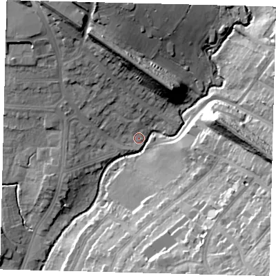 Shaded relief map of the ground around NW71JR, computed from Environment Agency LiDAR. The ground here sits at about 53 m above sea level and falls 32 m across the surrounding 800 m. Surface water reaching this point runs off ground lying to the north-north-west, 20.4 m higher.