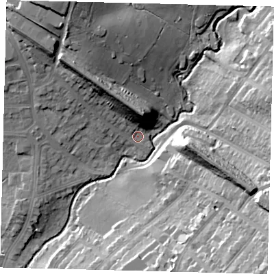 Shaded relief map of the ground around NW71JS, computed from Environment Agency LiDAR. The ground here sits at about 54 m above sea level and falls 31 m across the surrounding 800 m. Surface water reaching this point runs off ground lying to the north-west, 15.9 m higher.