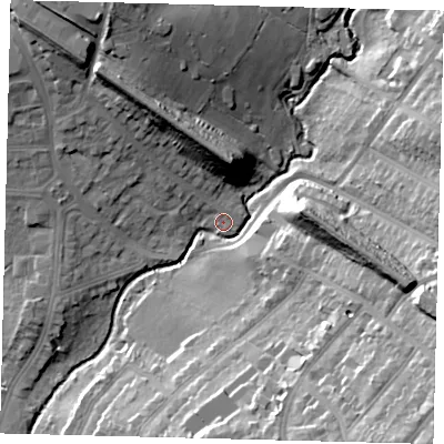 Shaded relief map of the ground around NW71JT, computed from Environment Agency LiDAR. The ground here sits at about 53 m above sea level and falls 33 m across the surrounding 800 m. Surface water reaching this point runs off ground lying to the east-south-east, 25.5 m higher.