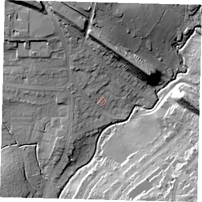 Shaded relief map of the ground around NW71JX, computed from Environment Agency LiDAR. The ground here sits at about 55 m above sea level and falls 27 m across the surrounding 800 m. Surface water reaching this point runs off ground lying to the north, 20.3 m higher.