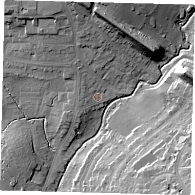 Shaded relief map of the ground around NW71LS, computed from Environment Agency LiDAR. The ground here sits at about 53 m above sea level and falls 29 m across the surrounding 800 m. Surface water reaching this point runs off ground lying to the north-west, 3.7 m higher.