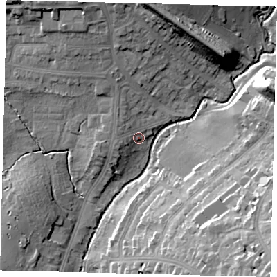 Shaded relief map of the ground around NW71LT, computed from Environment Agency LiDAR. The ground here sits at about 54 m above sea level and falls 30 m across the surrounding 800 m. Surface water reaching this point runs off ground lying to the west-south-west, 3.8 m higher.