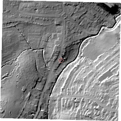 Shaded relief map of the ground around NW71LU, computed from Environment Agency LiDAR. The ground here sits at about 53 m above sea level and falls 28 m across the surrounding 800 m. Surface water reaching this point runs off ground lying to the north-north-west, 3.8 m higher.
