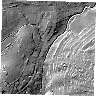 Shaded relief map of the ground around NW71LX, computed from Environment Agency LiDAR. The ground here sits at about 51 m above sea level and falls 27 m across the surrounding 800 m. Surface water reaching this point runs off ground lying to the east-south-east, 25.0 m higher.