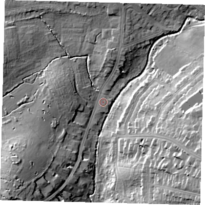Shaded relief map of the ground around NW71LY, computed from Environment Agency LiDAR. The ground here sits at about 51 m above sea level and falls 25 m across the surrounding 800 m. Surface water reaching this point runs off ground lying to the south-west, 16.5 m higher.