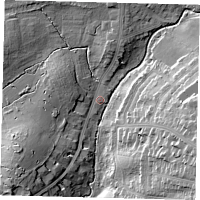 Shaded relief map of the ground around NW71LZ, computed from Environment Agency LiDAR. The ground here sits at about 51 m above sea level and falls 25 m across the surrounding 800 m. Surface water reaching this point runs off ground lying to the south-west, 16.5 m higher.