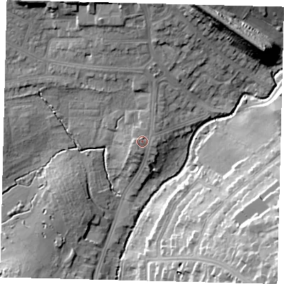 Shaded relief map of the ground around NW71ND, computed from Environment Agency LiDAR. The ground here sits at about 57 m above sea level and falls 26 m across the surrounding 800 m. Surface water reaching this point runs off ground lying to the north-north-west, 0.9 m higher.