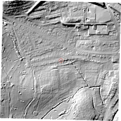 Shaded relief map of the ground around NW71NG, computed from Environment Agency LiDAR. The ground here sits at about 56 m above sea level and falls 28 m across the surrounding 800 m. Surface water reaching this point runs off ground lying to the west-south-west, 12.1 m higher.