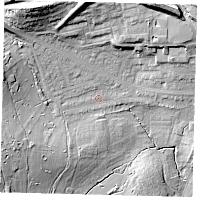 Shaded relief map of the ground around NW71NH, computed from Environment Agency LiDAR. The ground here sits at about 57 m above sea level and falls 27 m across the surrounding 800 m. Surface water reaching this point runs off ground lying to the north-west, 13.2 m higher.