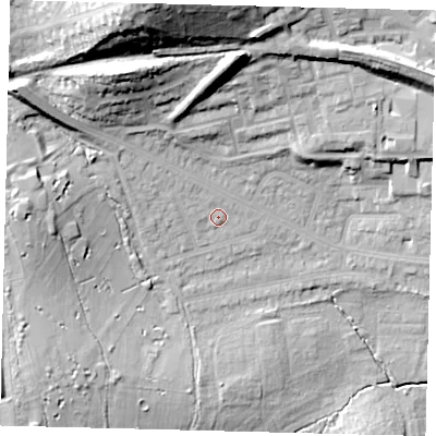Shaded relief map of the ground around NW71TR, computed from Environment Agency LiDAR. The ground here sits at about 59 m above sea level and falls 38 m across the surrounding 800 m. Surface water reaching this point runs off ground lying to the west-north-west, 15.5 m higher.