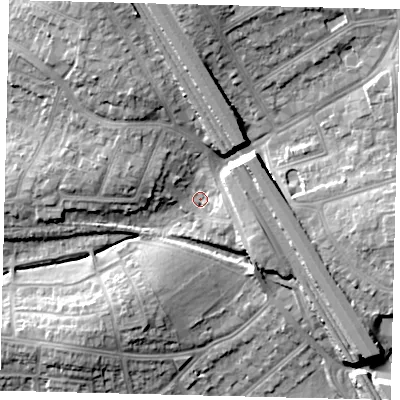 Shaded relief map of the ground around NW72AA, computed from Environment Agency LiDAR. The ground here sits at about 63 m above sea level and falls 17 m across the surrounding 800 m. Surface water reaching this point runs off ground lying to the north, 11.6 m higher.