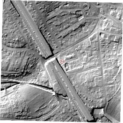 Shaded relief map of the ground around NW72JU, computed from Environment Agency LiDAR. The ground here sits at about 65 m above sea level and falls 18 m across the surrounding 800 m. Surface water reaching this point runs off ground lying to the south-east, 6.5 m higher.