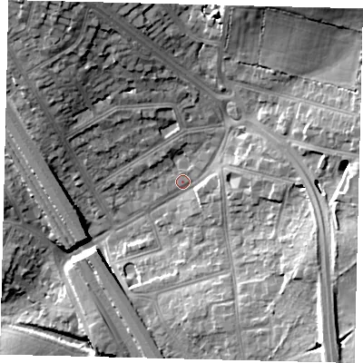 Shaded relief map of the ground around NW73BU, computed from Environment Agency LiDAR. The ground here sits at about 67 m above sea level and falls 21 m across the surrounding 800 m. Surface water reaching this point runs off ground lying to the north-east, 15.8 m higher.