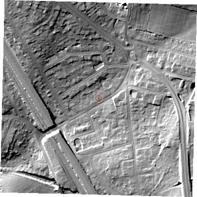 Shaded relief map of the ground around NW73BY, computed from Environment Agency LiDAR. The ground here sits at about 67 m above sea level and falls 22 m across the surrounding 800 m. Surface water reaching this point runs off ground lying to the north-east, 15.2 m higher.