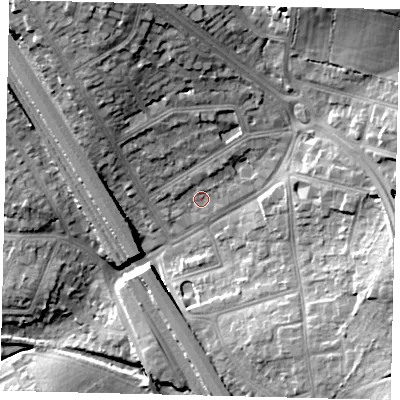 Shaded relief map of the ground around NW73DD, computed from Environment Agency LiDAR. The ground here sits at about 66 m above sea level and falls 23 m across the surrounding 800 m. Surface water reaching this point runs off ground lying to the north-east, 4.0 m higher.