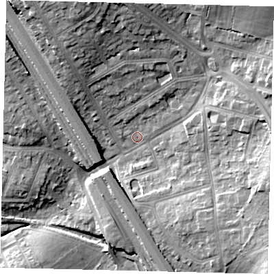Shaded relief map of the ground around NW73DG, computed from Environment Agency LiDAR. The ground here sits at about 65 m above sea level and falls 22 m across the surrounding 800 m. Surface water reaching this point runs off ground lying to the north-east, 4.7 m higher.