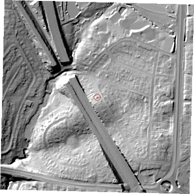 Shaded relief map of the ground around NW73HB, computed from Environment Agency LiDAR. The ground here sits at about 75 m above sea level and falls 29 m across the surrounding 800 m. Surface water reaching this point runs off ground lying to the south-south-east, 5.0 m higher.