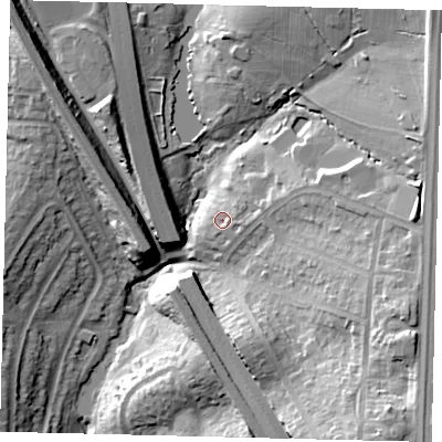 Shaded relief map of the ground around NW73HH, computed from Environment Agency LiDAR. The ground here sits at about 68 m above sea level and falls 27 m across the surrounding 800 m. Surface water reaching this point runs off ground lying to the east-north-east, 3.7 m higher.