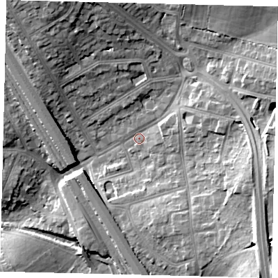 Shaded relief map of the ground around NW73LH, computed from Environment Agency LiDAR. The ground here sits at about 66 m above sea level and falls 21 m across the surrounding 800 m. Surface water reaching this point runs off ground lying to the east-south-east, 13.0 m higher.