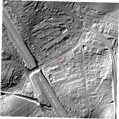 Shaded relief map of the ground around NW73LJ, computed from Environment Agency LiDAR. The ground here sits at about 65 m above sea level and falls 20 m across the surrounding 800 m. Surface water reaching this point runs off ground lying to the north-east, 12.2 m higher.