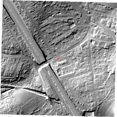 Shaded relief map of the ground around NW73LL, computed from Environment Agency LiDAR. The ground here sits at about 64 m above sea level and falls 19 m across the surrounding 800 m. Surface water reaching this point runs off ground lying to the north, 11.9 m higher.