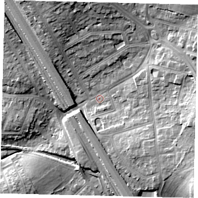 Shaded relief map of the ground around NW73NJ, computed from Environment Agency LiDAR. The ground here sits at about 65 m above sea level and falls 20 m across the surrounding 800 m. Surface water reaching this point runs off ground lying to the north, 12.1 m higher.