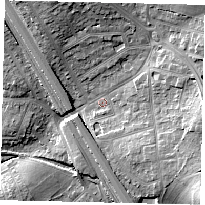 Shaded relief map of the ground around NW73NL, computed from Environment Agency LiDAR. The ground here sits at about 65 m above sea level and falls 19 m across the surrounding 800 m. Surface water reaching this point runs off ground lying to the east, 12.3 m higher.