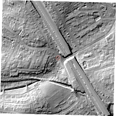 Shaded relief map of the ground around NW73NU, computed from Environment Agency LiDAR. The ground here sits at about 64 m above sea level and falls 20 m across the surrounding 800 m. Surface water reaching this point runs off ground lying to the north, 14.3 m higher.