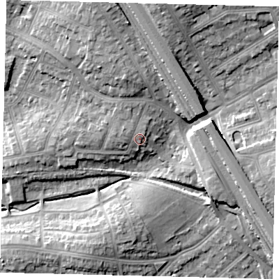 Shaded relief map of the ground around NW73NY, computed from Environment Agency LiDAR. The ground here sits at about 67 m above sea level and falls 20 m across the surrounding 800 m. Surface water reaching this point runs off ground lying to the north-west, 0.9 m higher.