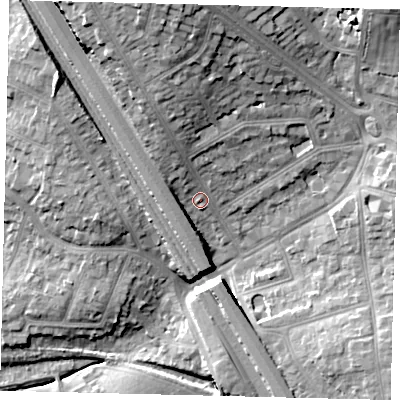 Shaded relief map of the ground around NW73QR, computed from Environment Agency LiDAR. The ground here sits at about 68 m above sea level and falls 25 m across the surrounding 800 m. Surface water reaching this point runs off ground lying to the north, 16.0 m higher.