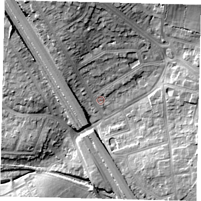 Shaded relief map of the ground around NW73RE, computed from Environment Agency LiDAR. The ground here sits at about 66 m above sea level and falls 23 m across the surrounding 800 m. Surface water reaching this point runs off ground lying to the north-north-west, 16.3 m higher.