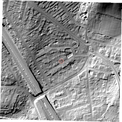 Shaded relief map of the ground around NW73RG, computed from Environment Agency LiDAR. The ground here sits at about 69 m above sea level and falls 31 m across the surrounding 800 m. Surface water reaching this point runs off ground lying to the north-north-west, 4.2 m higher.