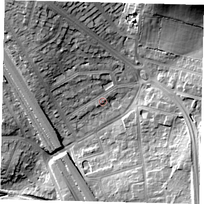 Shaded relief map of the ground around NW73RJ, computed from Environment Agency LiDAR. The ground here sits at about 68 m above sea level and falls 29 m across the surrounding 800 m. Surface water reaching this point runs off ground lying to the north-north-west, 3.7 m higher.
