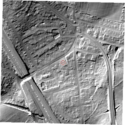 Shaded relief map of the ground around NW73TE, computed from Environment Agency LiDAR. The ground here sits at about 67 m above sea level and falls 19 m across the surrounding 800 m. Surface water reaching this point runs off ground lying to the east-north-east, 3.3 m higher.