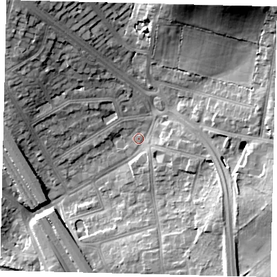 Shaded relief map of the ground around NW73TG, computed from Environment Agency LiDAR. The ground here sits at about 68 m above sea level and falls 27 m across the surrounding 800 m. Surface water reaching this point runs off ground lying to the north-north-east, 21.1 m higher.