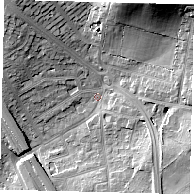 Shaded relief map of the ground around NW73TH, computed from Environment Agency LiDAR. The ground here sits at about 69 m above sea level and falls 33 m across the surrounding 800 m. Surface water reaching this point runs off ground lying to the north-north-east, 26.3 m higher.