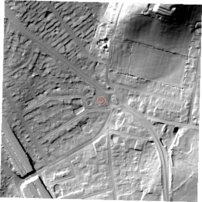 Shaded relief map of the ground around NW74RP, computed from Environment Agency LiDAR. The ground here sits at about 70 m above sea level and falls 41 m across the surrounding 800 m. Surface water reaching this point runs off ground lying to the north-west, 16.0 m higher.
