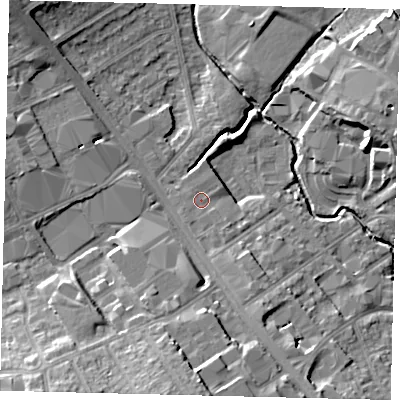 Shaded relief map of the ground around NW95AB, computed from Environment Agency LiDAR. The ground here sits at about 46 m above sea level and falls 16 m across the surrounding 800 m. Surface water reaching this point runs off ground lying to the west-south-west, 0.6 m higher.