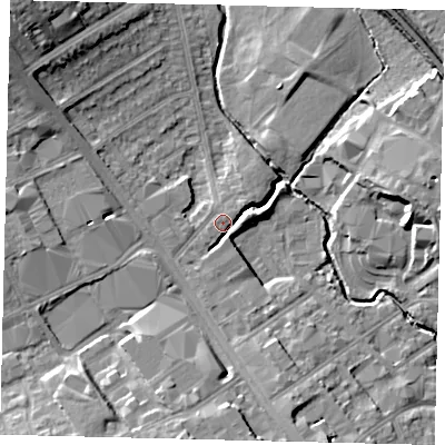 Shaded relief map of the ground around NW95AP, computed from Environment Agency LiDAR. The ground here sits at about 45 m above sea level and falls 18 m across the surrounding 800 m. Surface water reaching this point runs off ground lying to the north-west, 9.5 m higher.