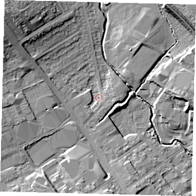 Shaded relief map of the ground around NW95AR, computed from Environment Agency LiDAR. The ground here sits at about 44 m above sea level and falls 18 m across the surrounding 800 m. Surface water reaching this point runs off ground lying to the north-west, 11.7 m higher.