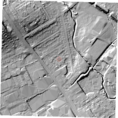 Shaded relief map of the ground around NW95AS, computed from Environment Agency LiDAR. The ground here sits at about 45 m above sea level and falls 21 m across the surrounding 800 m. Surface water reaching this point runs off ground lying to the west, 2.3 m higher.