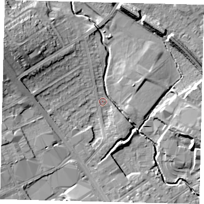 Shaded relief map of the ground around NW95AT, computed from Environment Agency LiDAR. The ground here sits at about 44 m above sea level and falls 18 m across the surrounding 800 m. Surface water reaching this point runs off ground lying to the west-north-west, 12.9 m higher.