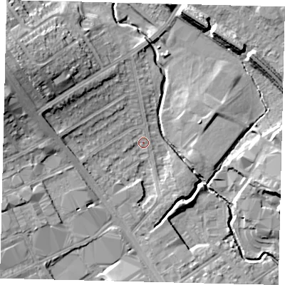 Shaded relief map of the ground around NW95AU, computed from Environment Agency LiDAR. The ground here sits at about 44 m above sea level and falls 18 m across the surrounding 800 m. Surface water reaching this point runs off ground lying to the west-north-west, 9.1 m higher.