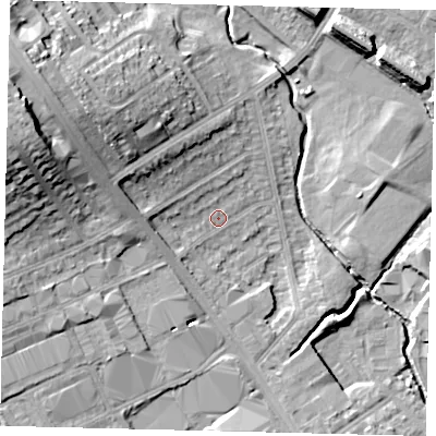 Shaded relief map of the ground around NW95AX, computed from Environment Agency LiDAR. The ground here sits at about 46 m above sea level and falls 22 m across the surrounding 800 m. Surface water reaching this point runs off ground lying to the west-north-west, 7.9 m higher.
