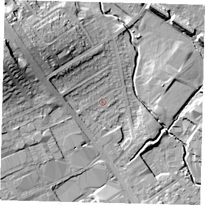 Shaded relief map of the ground around NW95AY, computed from Environment Agency LiDAR. The ground here sits at about 45 m above sea level and falls 21 m across the surrounding 800 m. Surface water reaching this point runs off ground lying to the west-north-west, 7.9 m higher.